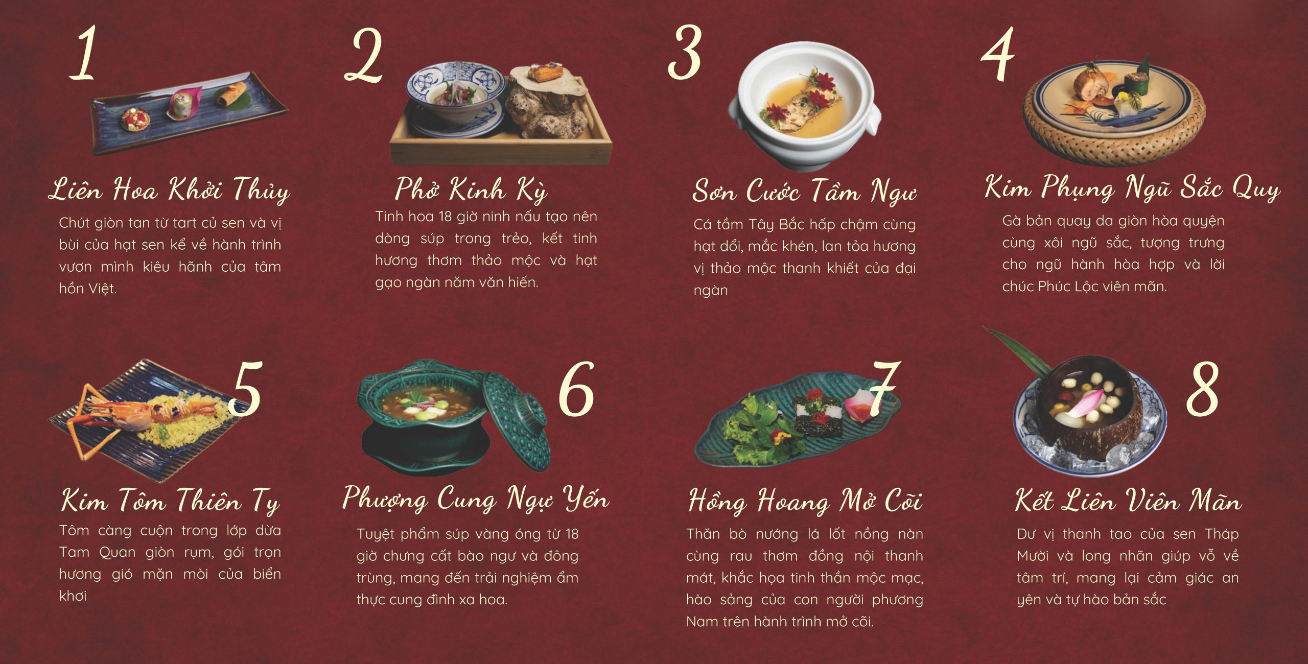 Thực đơn giới thiệu tám món Việt: Liên Hoa Khởi Thủy, Phở Kinh Kỳ, Sơn Cước Tầm Ngư và các món khác.