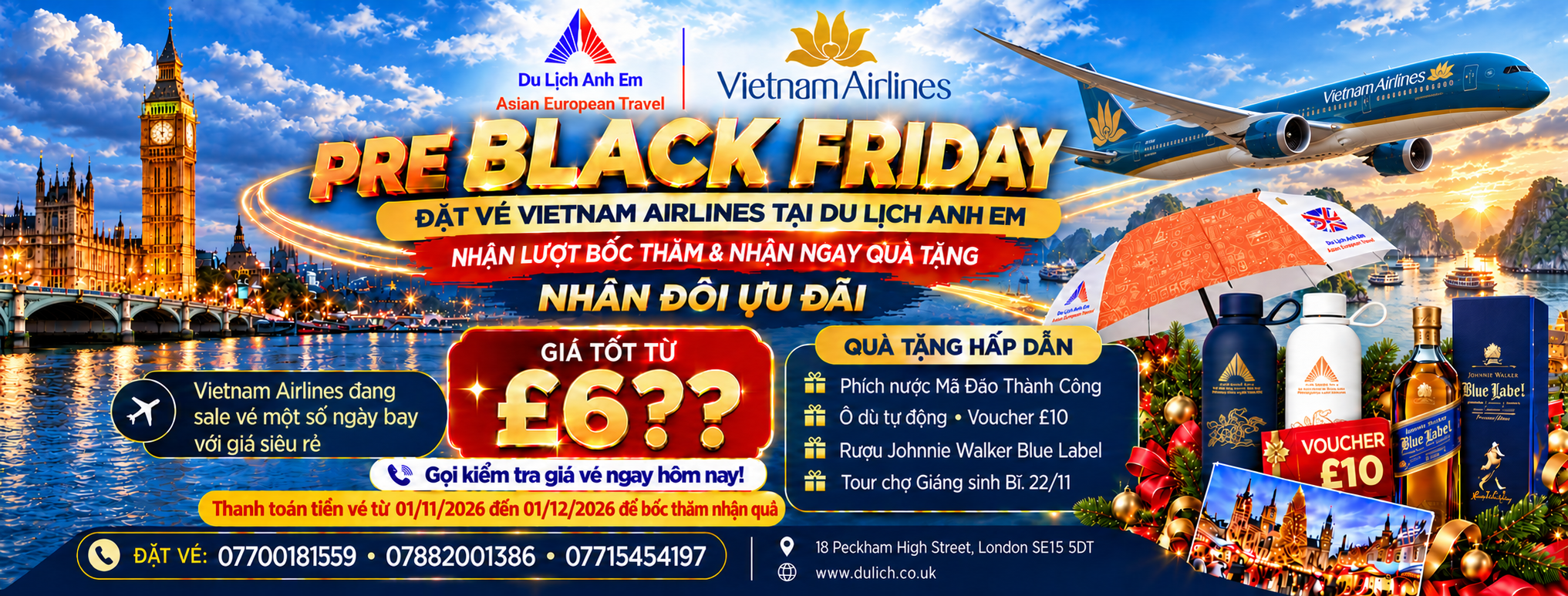 Pre Black Friday – Đặt vé Vietnam Airlines tại Du Lịch Anh Em, nhân đôi ưu đãi, bốc thăm quà khi thanh toán từ 01/11 đến 01/12/2026.